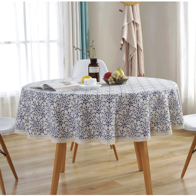 AMZALI Vintage Washable Cotton Linen Fabric Navy Damask Pattern Decorative Macrame Lace Round Tablecloth Dinner Picnic Table Cloth Home Decorative Table Top Cover (60 inch Diameter) - Image 4